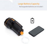 Black device with orange accents charging a smartphone, labeled 'Large Battery Capacity' on a white background.